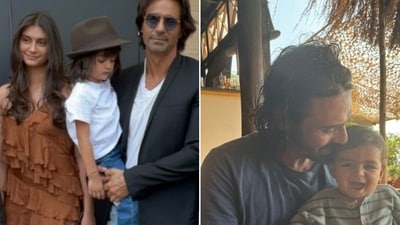 Arjun Rampal with daughter Mahikaa and elder son Arik and with his younger son Aarid.