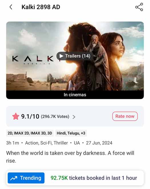 Kalki 2898 AD Ticket Sales on BookMyShow