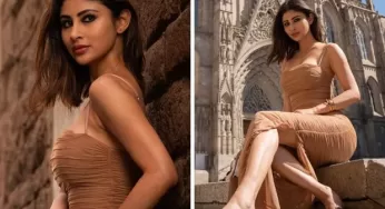 Mouni Roy turns heads in Spain, flaunting a ruched tan bodycon dress and sharing scenic snaps with the iconic Barcelona Cathedral