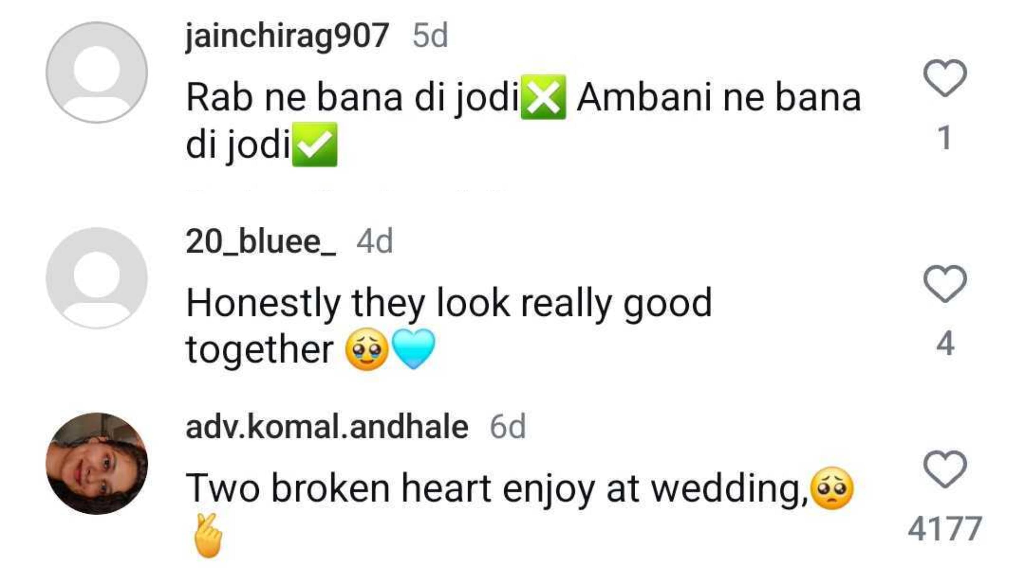 Comment section of Ananya and Hardik's viral video from Anant Ambani's wedding