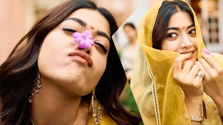 Rashmika Mandanna Dazzles in a Yellow Suit Playing with Flowers, Fans Swoon Over Her Moon-Shaped Bindi—Photos Break the Internet